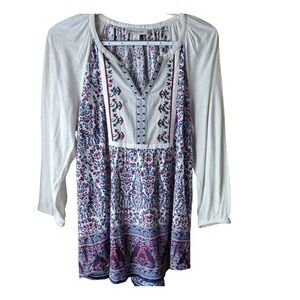 Vintage America M Boho Floral Border Print Embroidered Tunic Top Peasant